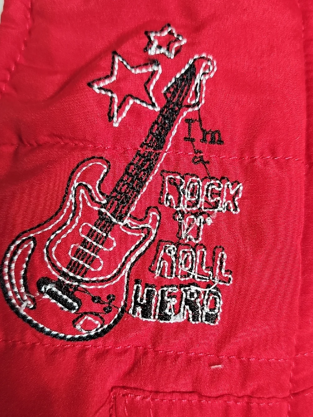 Kids Red Hooded Puffer Vest with Guitar Embroidery